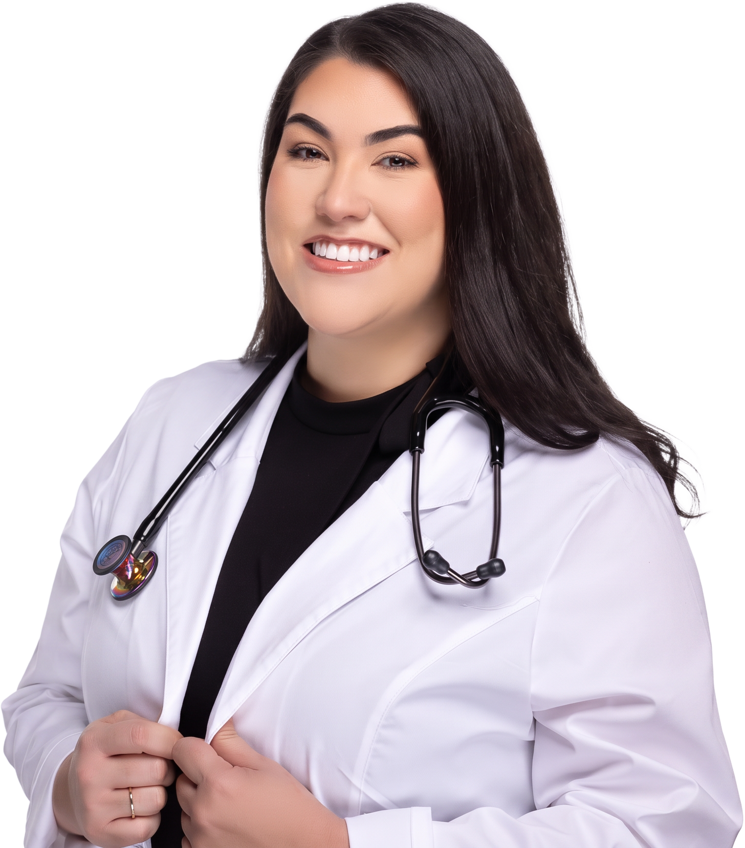 Katherine Barnes, nurse practitioner, smiling in a white coat with a stethoscope