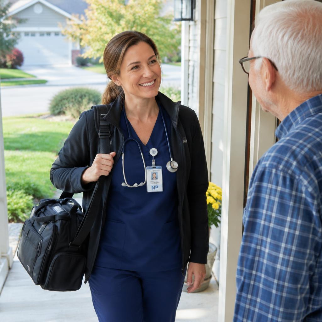 A nurse practitioner arriving at a patient's home for a house call